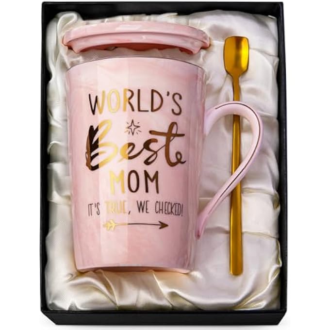 ALBISS هدايا عيد ميلاد للأم من الابنة، كوب مضحك "أفضل أم" سعة 14 أونصة، مطبوع عليه عبارة "أفضل أم"، كوب قهوة رخامي وردي فريد من نوعه مع غطاء وملعقة، بطاقة تهنئة للأمهات الجدد، أفكار هدايا عيد الأم، مجموعة هدايا فاخرة في صندوق هدايا - Image 1