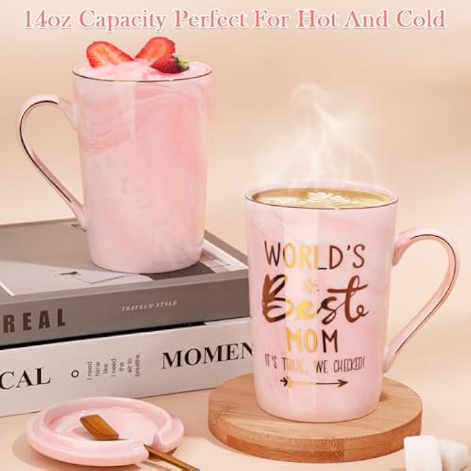 ALBISS هدايا عيد ميلاد للأم من الابنة، كوب مضحك "أفضل أم" سعة 14 أونصة، مطبوع عليه عبارة "أفضل أم"، كوب قهوة رخامي وردي فريد من نوعه مع غطاء وملعقة، بطاقة تهنئة للأمهات الجدد، أفكار هدايا عيد الأم، مجموعة هدايا فاخرة في صندوق هدايا - Image 3
