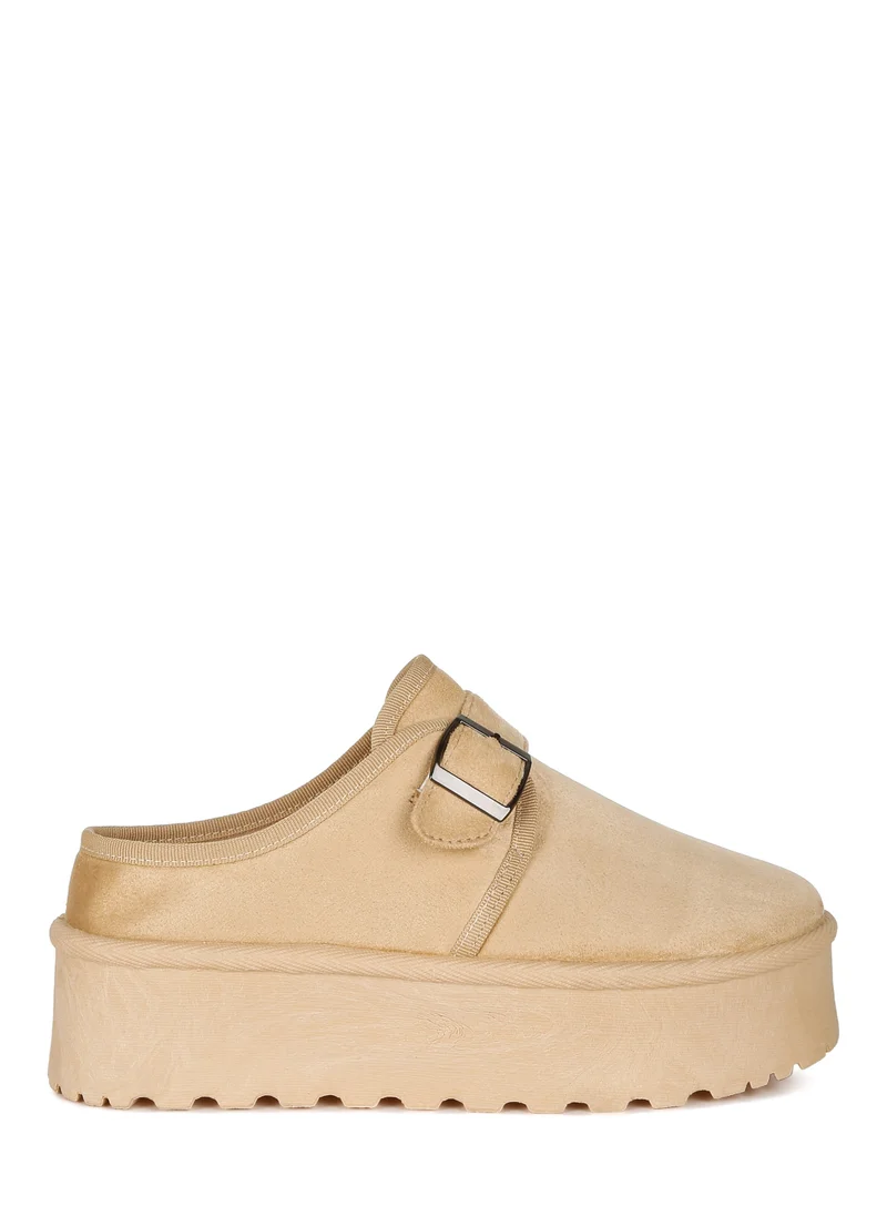 London Rag Buckle Strap Flatform Booties Beige