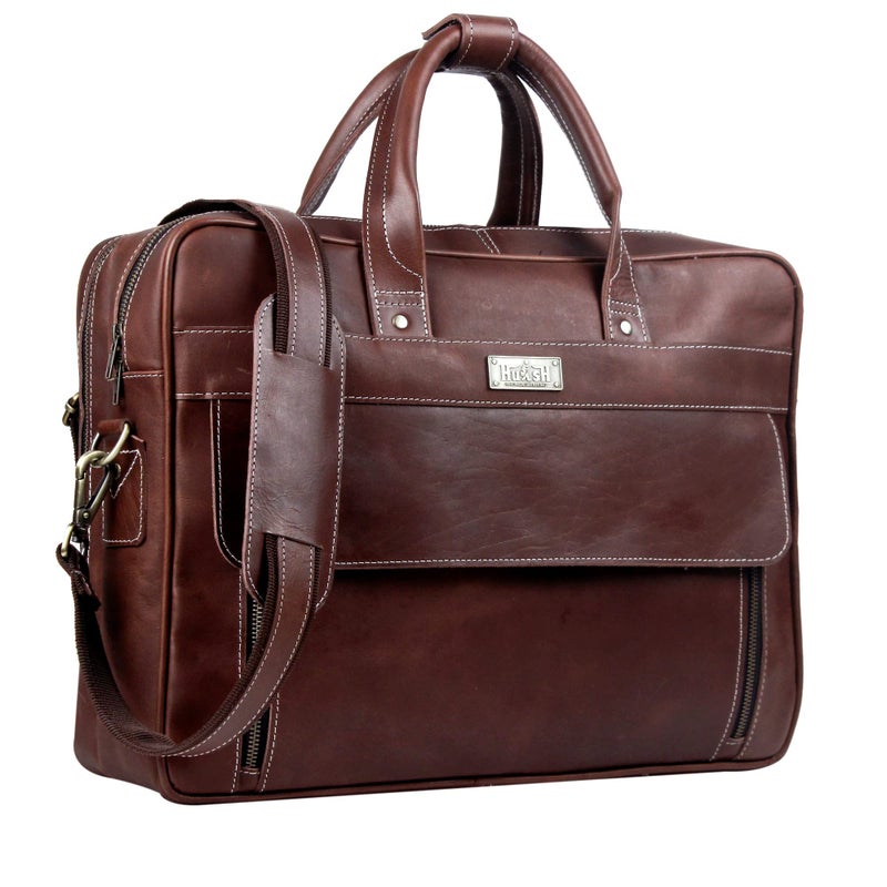 HULSH Handmade Vintage Genuine Leather Briefcase for Men 17 Inch Laptop Computer Case Business Travel Work Messenger Cross Body Shoulder Bags Brown Leather Bag for men