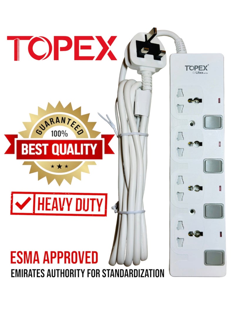 توبكس وصلة تمديد 4 مخارج 13 أمبير مع كابل 3 متر - شريط تمديد بمؤشرات LED | آمن على الأطفال | سلك طويل للغاية مع حماية من التيار الزائد - Image 1