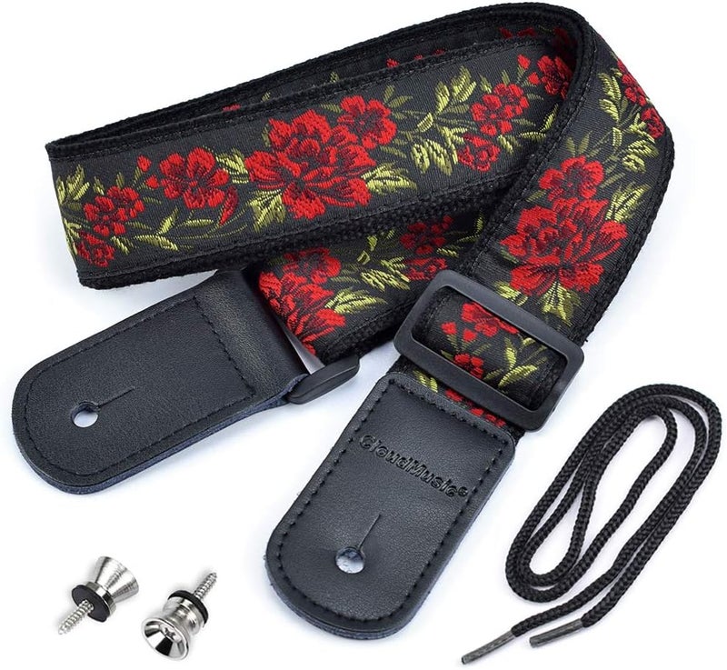 CLOUDMUSIC Tenor Concert Soprano Baritone Ukulele Strap Coloful Hawaii Floral Jacquard For Adult Size And Kids(Red Roses) - Image 1