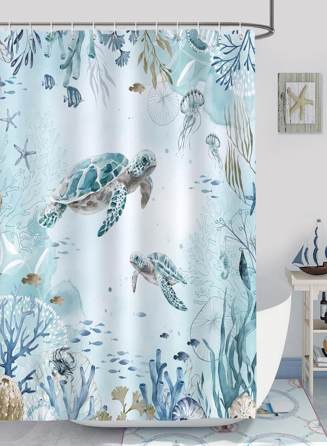 Bonhause Sea Turtle Shower Curtain for Bathroom Teal Blue Ocean Beach Coastal Decorative Bath Curtain 72 x 72 Inch Polyester Fabric Waterproof Bathroom Curtain with 12 Hooks - Image 1