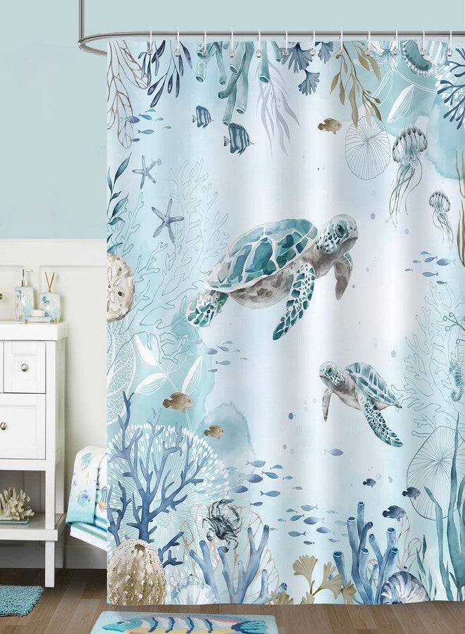 Bonhause Sea Turtle Shower Curtain for Bathroom Teal Blue Ocean Beach Coastal Decorative Bath Curtain 72 x 72 Inch Polyester Fabric Waterproof Bathroom Curtain with 12 Hooks - Image 2