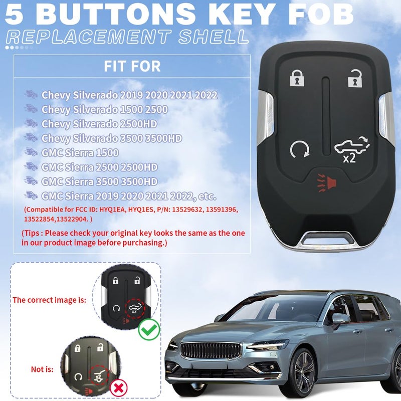 JJCHQ Key Fob Shell Case Replacement Fits for Chevy Silverado 2022 2021 2020 2019 and GMC Sierra 1500 2500HD 3500HD 5 Button Keyless Entry Remote Control Smart Car Key Fob Cover - Image 3