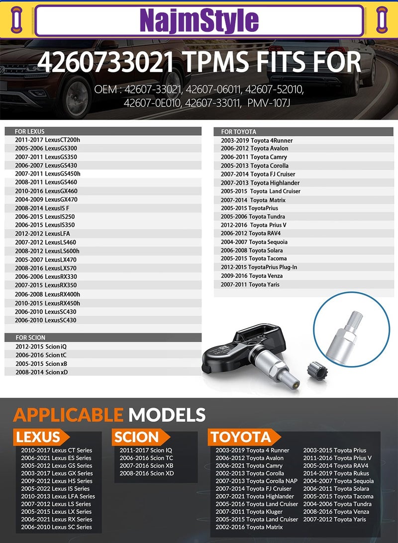 NajmStyle 42607-33021 TPMS Sensor, 4 PCS Tire Pressure Monitoring System Sensor fit for Toyota Camry Rav4 Highlander Yaris Corolla Lexus, Pre-Programmed TPMS Sensor Replaces#PMV-107J 42607-33011 315MHZ - Image 2