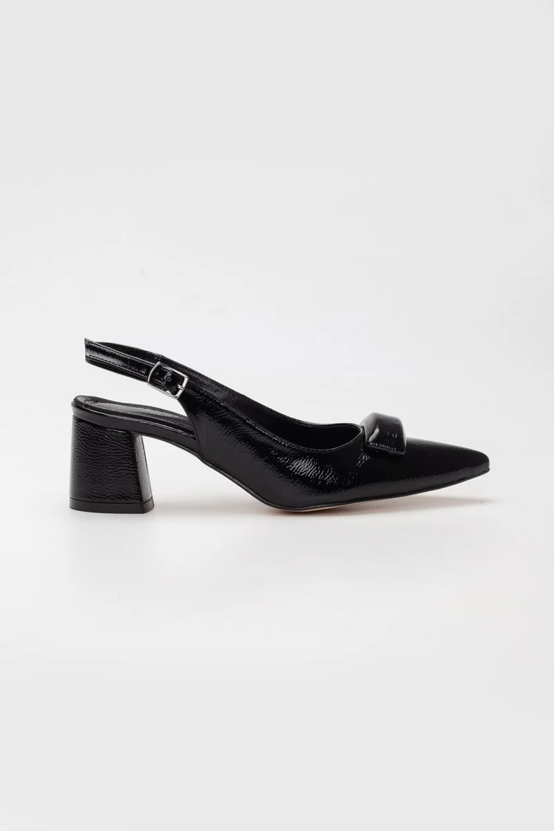 Dilimler Ayakkabı Slices Shoes Patent Leather Buckle Black Women's Short Heeled Shoes