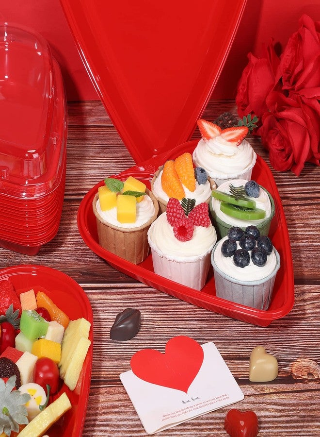 نوجو صينية تقديم على شكل قلب من نوجو، أطباق بلاستيكية حمراء على شكل قلب للاستخدام مرة واحدة، أطباق حلوى عيد الحب، صينية وجبات خفيفة مع أغطية شفافة لتزيين طاولة حفلة عيد الحب (مجموعة من 5 قطع) - Image 2