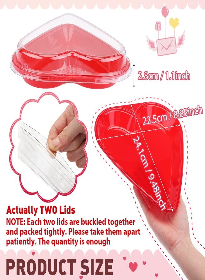 نوجو صينية تقديم على شكل قلب من نوجو، أطباق بلاستيكية حمراء على شكل قلب للاستخدام مرة واحدة، أطباق حلوى عيد الحب، صينية وجبات خفيفة مع أغطية شفافة لتزيين طاولة حفلة عيد الحب (مجموعة من 5 قطع) - Image 3