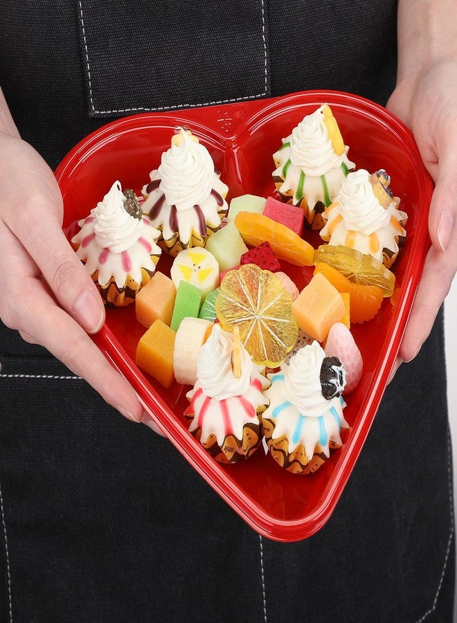 نوجو صينية تقديم على شكل قلب من نوجو، أطباق بلاستيكية حمراء على شكل قلب للاستخدام مرة واحدة، أطباق حلوى عيد الحب، صينية وجبات خفيفة مع أغطية شفافة لتزيين طاولة حفلة عيد الحب (مجموعة من 5 قطع) - Image 5