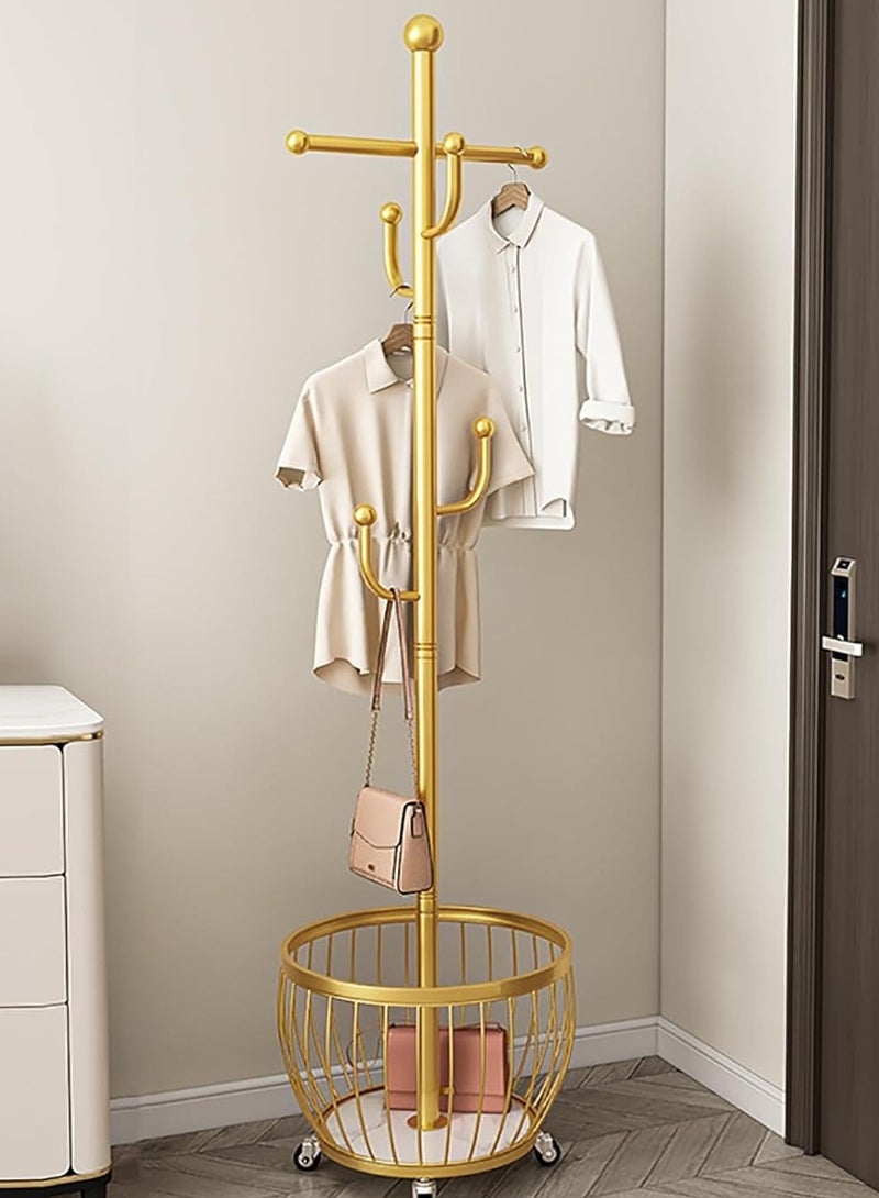 Coat Rack with Storage Basket, Coat Stand Freestanding with 4 Hooks, Metal Coat Tree with Brake Wheels for Entryway, Hallway, Bedroom, Living Room - Image 1