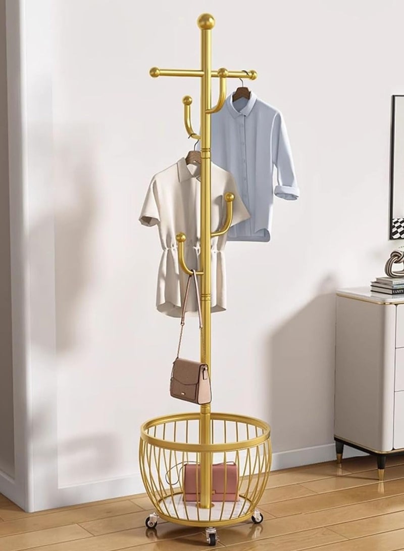 Coat Rack with Storage Basket, Coat Stand Freestanding with 4 Hooks, Metal Coat Tree with Brake Wheels for Entryway, Hallway, Bedroom, Living Room - Image 2