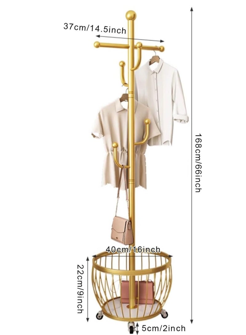 Coat Rack with Storage Basket, Coat Stand Freestanding with 4 Hooks, Metal Coat Tree with Brake Wheels for Entryway, Hallway, Bedroom, Living Room - Image 3