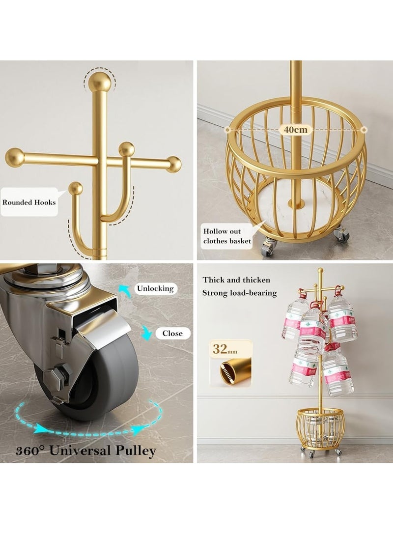 Coat Rack with Storage Basket, Coat Stand Freestanding with 4 Hooks, Metal Coat Tree with Brake Wheels for Entryway, Hallway, Bedroom, Living Room - Image 4