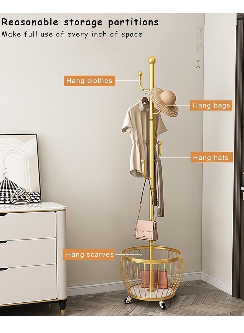 Coat Rack with Storage Basket, Coat Stand Freestanding with 4 Hooks, Metal Coat Tree with Brake Wheels for Entryway, Hallway, Bedroom, Living Room - Image 5