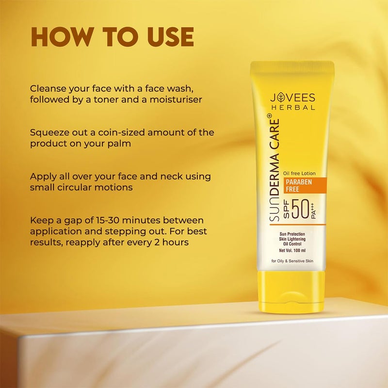 Jovees لوشن جوفيز هيربال صن ديرما كير SPF 50 PA حماية واسعة الطيف من الأشعة فوق البنفسجية UVA/UVB خالي من الزيت امتصاص سريع خفيف الوزن للبشرة الدهنية والحساسة 100 مل عبوة من 2 - Image 5