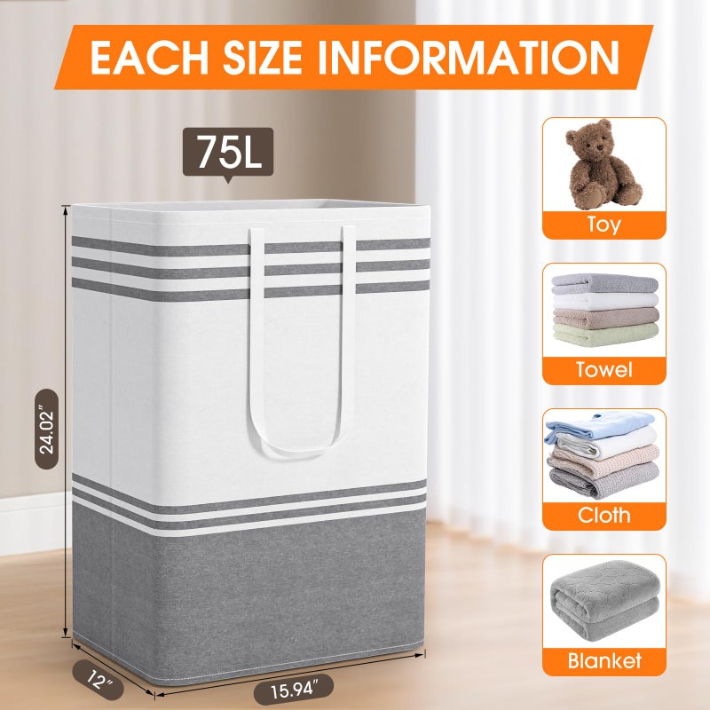 EpicTotes 2 Pack Large Laundry Baskets, Laundry Hampers, Freestanding Waterproof Collapsible Clothes Bag with Extended & Reinforced Handles - Clothes Basket for Dorm, Bathroom, Home (Light Grey/75L) - Image 2