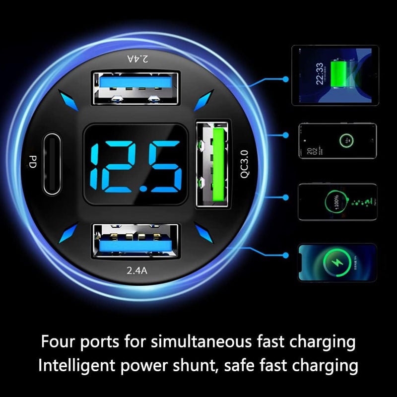 CXCCOI شاحن سيارة سريع، شاحن USB للسيارة بتقنية PD/QC3.0 مع أضواء LED، شاحن USB من ولاعة السجائر متوافق مع iPhone وGalaxy وiPad Pro والمزيد من الهواتف المحمولة - Image 4