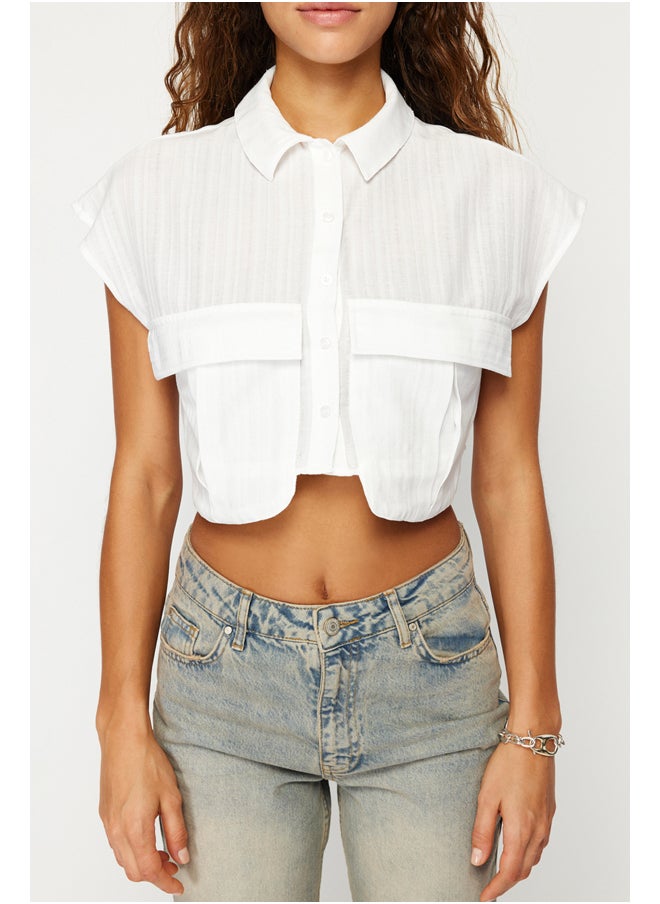 trendyol - Ecru Front Pocket Crop Regular Regular Fit Woven Shirt TWOSS24GO00046 - Image 1