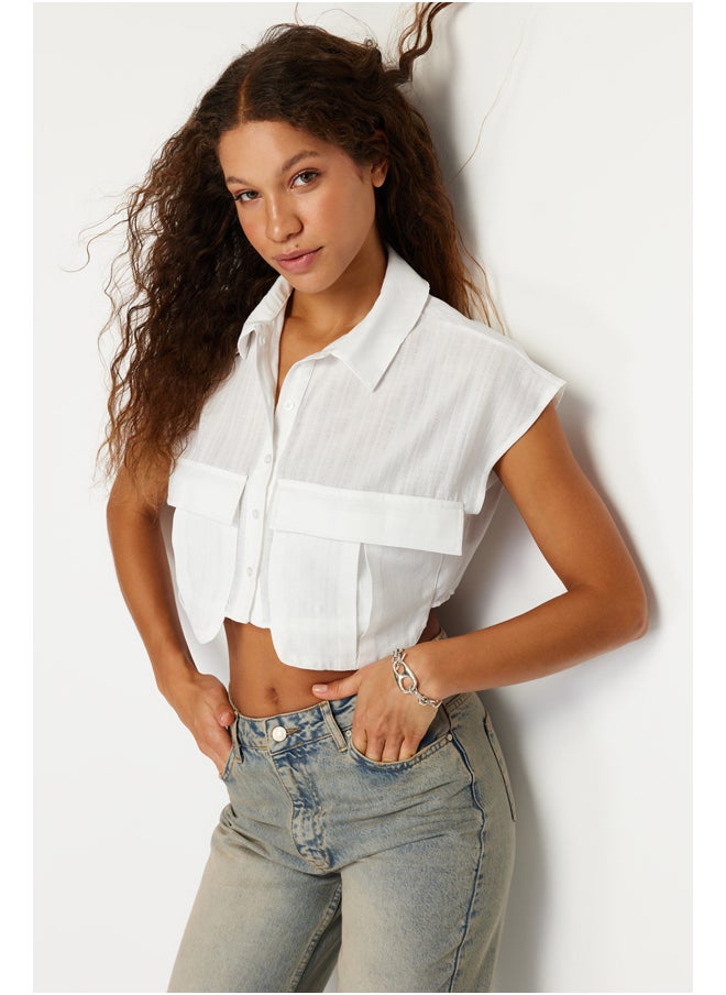 trendyol - Ecru Front Pocket Crop Regular Regular Fit Woven Shirt TWOSS24GO00046 - Image 1