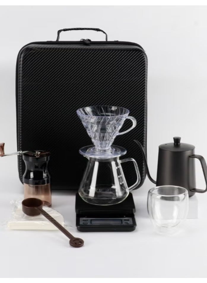 Portable Pour-Over Coffee Maker Set, with Travel Bag, Black, 34.5 × 30 × 15.5 cm, 7-Piece Handcrafted Coffee Maker Set, Complete with Accessories, Integrated Travel Bag 