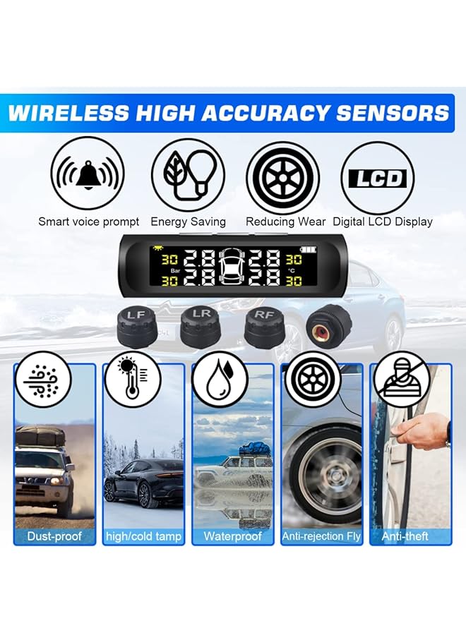 SYOSI Tire Pressure Monitoring System Tpms, 4 Sensor Tpms For Truck Rv Trailer Car With 6 Alarm Modes And Solar Power/Usb Charge Large Screen, Long Endurance Battery Life - Image 5