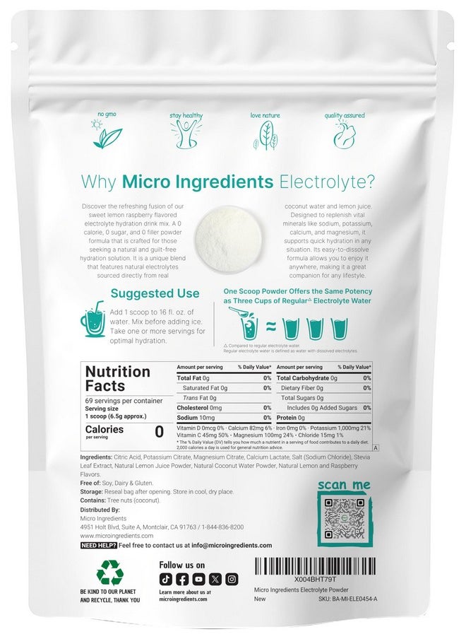 Micro Ingredients - Micro Ingredients Hydration Electrolyte Powder, 1lb (69 Servings), Keto & No Sugar - High Potassium (1000mg) with Lemon Raspberry Flavored - Made with Real Lemon Juice & Coconut Water - Non-GMO - Image 1