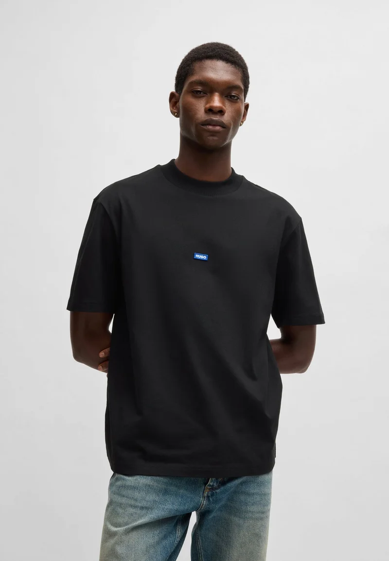 HUGO Regular-fit cotton-jersey T-shirt with blue logo patch
