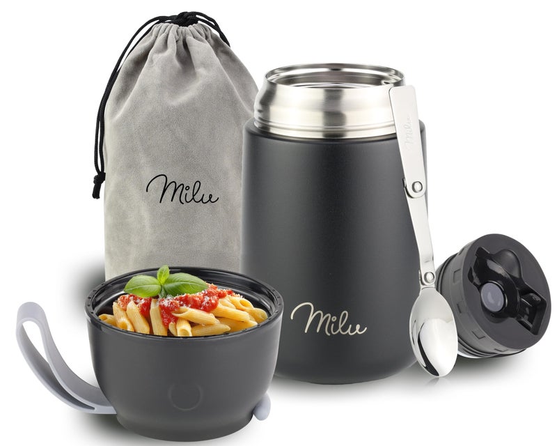 Milu Food Flask for Hot Food  650ml Leakproof Insulated Stainless Steel Thermal Lunch Box Soup Container with Spoon BPAFree To go Meal Prep Porridge Black 650ml