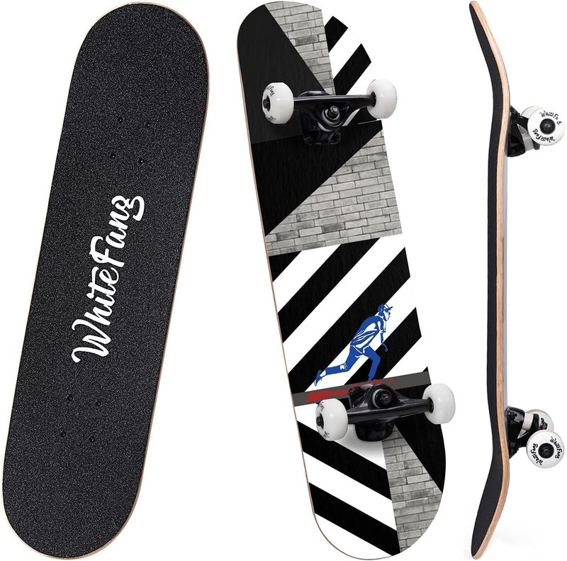 WhiteFang Skateboards for Beginners, Complete Skateboard 31 x 7.88, 7 Layer Canadian Maple Double Kick Concave Standard and Tricks Skateboards for Kids and Beginners - Image 1