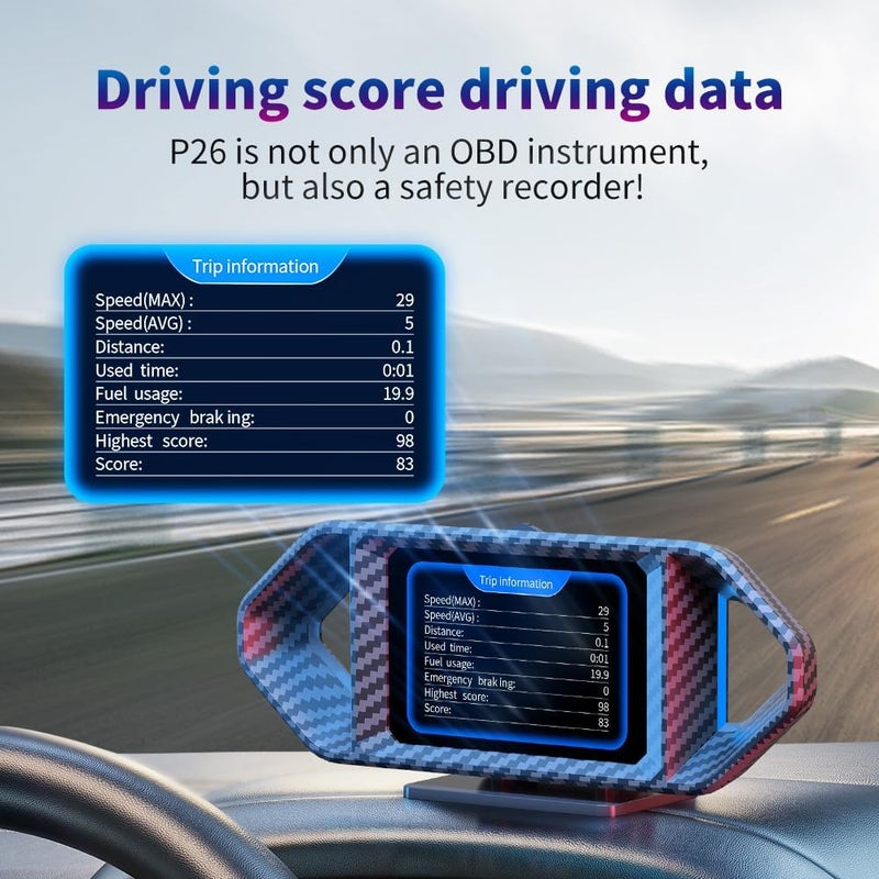 شاشة عرض HUD للسيارة، مقياس ذكي OBDⅡ+GPS - مع السرعة، استهلاك الوقود، إنذار السرعة الزائدة، أداة تشخيص السيارة، دعم 12 لغة وإضاءة محيطة RGB لجميع المركبات (موديل P26) - Image 3