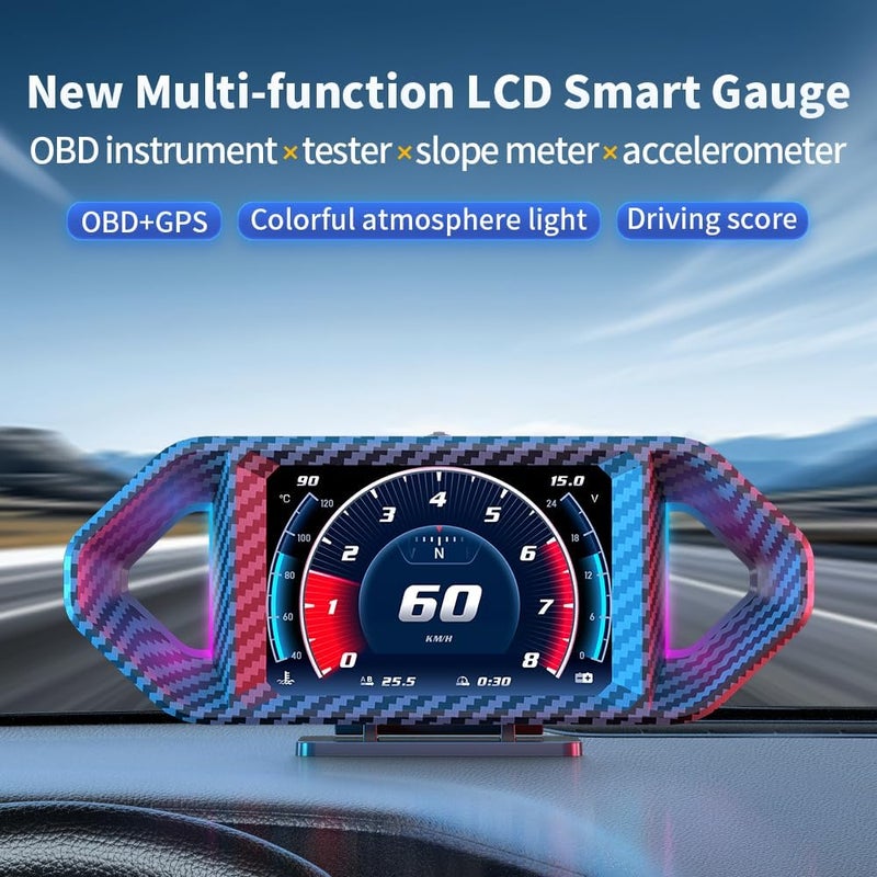شاشة عرض HUD للسيارة، مقياس ذكي OBDⅡ+GPS - مع السرعة، استهلاك الوقود، إنذار السرعة الزائدة، أداة تشخيص السيارة، دعم 12 لغة وإضاءة محيطة RGB لجميع المركبات (موديل P26) - Image 2