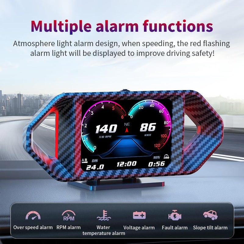 شاشة عرض HUD للسيارة، مقياس ذكي OBDⅡ+GPS - مع السرعة، استهلاك الوقود، إنذار السرعة الزائدة، أداة تشخيص السيارة، دعم 12 لغة وإضاءة محيطة RGB لجميع المركبات (موديل P26) - Image 4