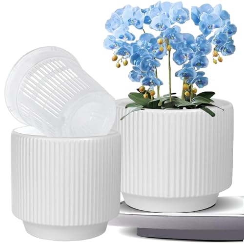 MUZHI Ceramic Orchid Pot with Holes and Drainage Tray Set of 2, 5+6 Inch, Double Layer Orchid Planter with Clear Plastic Inner Net Baskets Pots for Repotting - Image 1