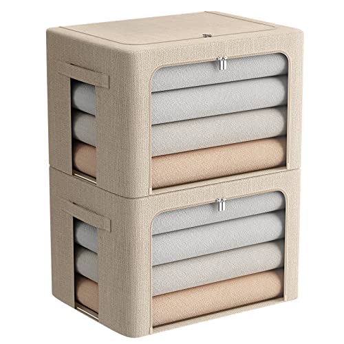FHSQX 2 Pack Clear Window Storage Bins - Large Stackable Linen Fabric Storage for Clothes Foldable Container Organizer Set with Carrying Handles (Beige, 19.7x 15.7x 12.6 Inch) - Image 1