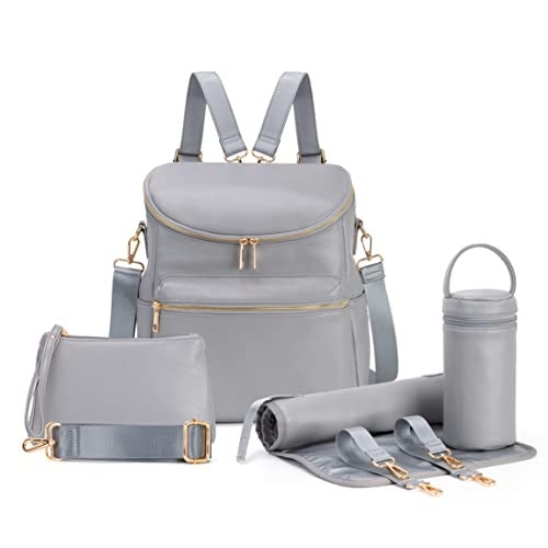 Minsong Diaper Bag Backpack,Fashion Leather Mommy Backpacks,Travel Toddler Baby Diaper Bags with in Bag Organizer and Changing Pad (Dark Grey) - Image 1