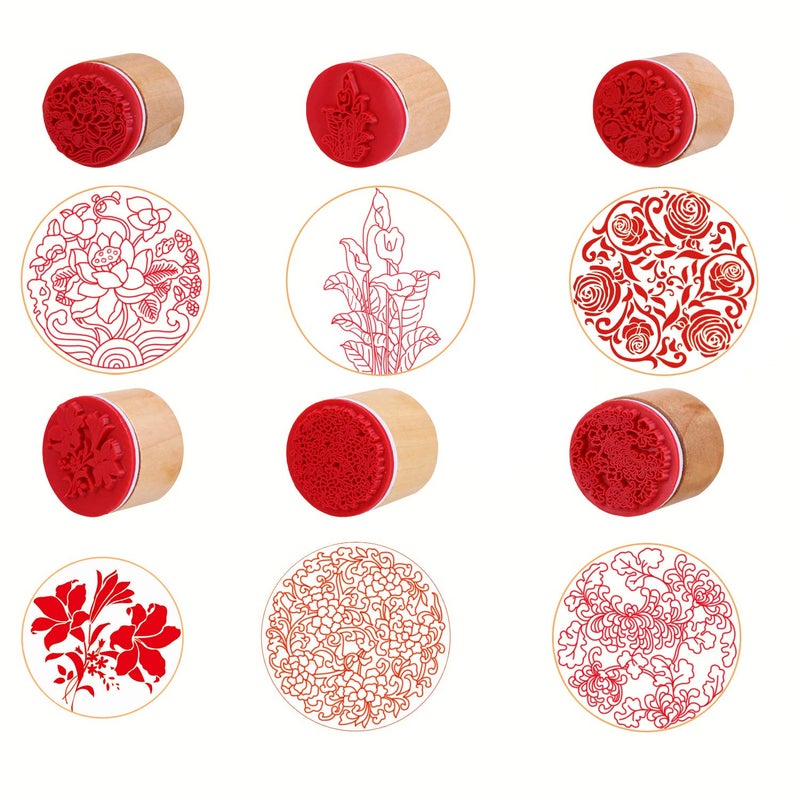 CCINEE 6pcs Round Rubber Stamps Floral Pattern Wooden Stamps for Christmas Scrapbooking Cards and Crafts Making