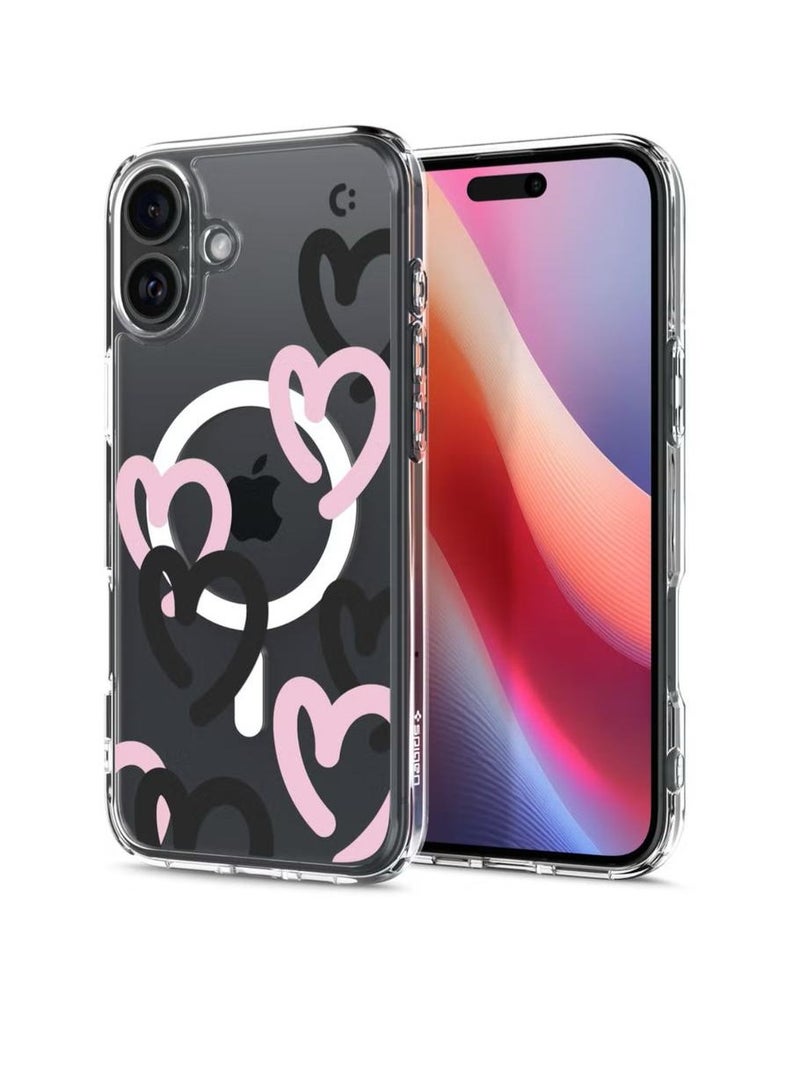 Spigen Ultra Hybrid MagFit for iPhone 16 Case Cover with MagSafe (2024) - Hearts Black Pink