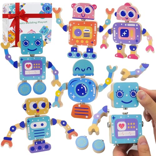 Liangding Robots Wooden SnapTogether Building Toys 28Piece STEM Montessori Educational Blocks for Toddlers Ages 36 Fine Motor Skills Development Safe Durable Creative Robot Toys Gift for Kids - Image 1