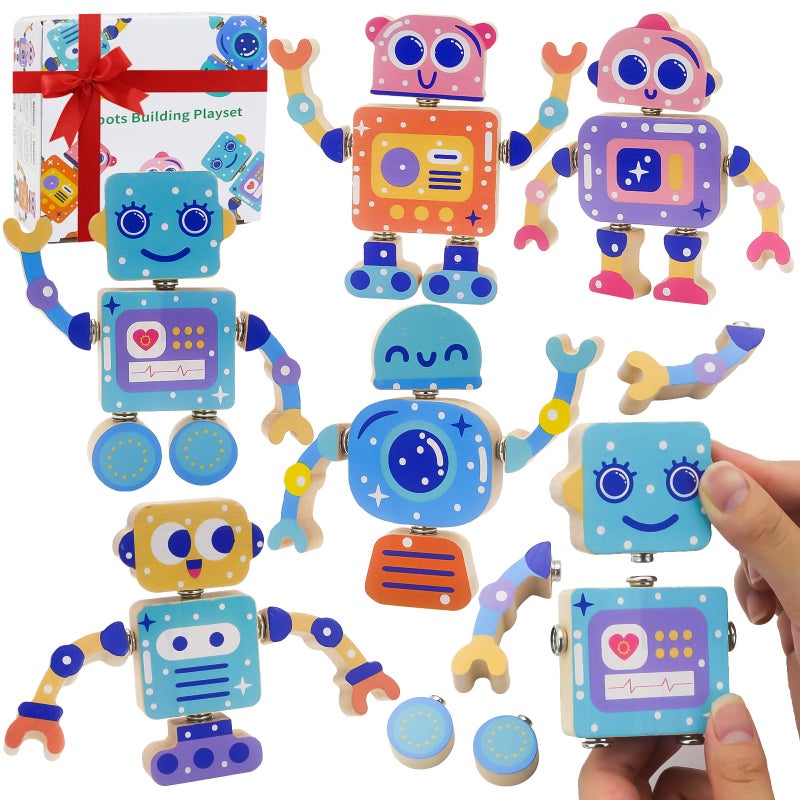 Liangding Robots Wooden SnapTogether Building Toys 28Piece STEM Montessori Educational Blocks for Toddlers Ages 36 Fine Motor Skills Development Safe Durable Creative Robot Toys Gift for Kids - Image 2
