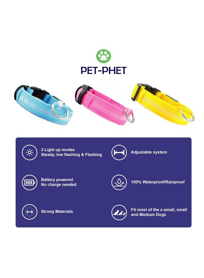 PET-PHET LED Dog Collar – Night Safety, Night Walk, Camping and HICKING - Glow in The Dark - 3 Light Modes - Great Battery Life - X-Small Yellow - Image 4