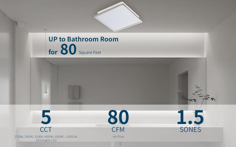 Tech Drive Modern Nickel Bathroom Exhaust Fan with Light, 80CFM, 1000lm Dimmable 5CCT LED Light Selectable, Quiet Ventilation fan with night light,Energy Star Certified,Decorative Nickel Trim - Image 5