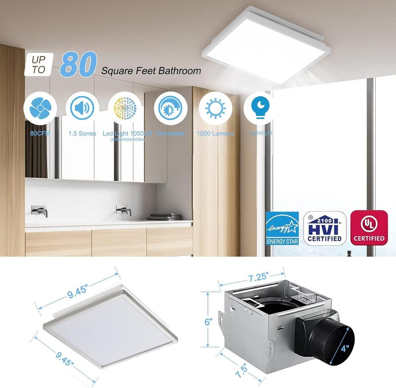 Tech Drive Modern Nickel Bathroom Exhaust Fan with Light, 80CFM, 1000lm Dimmable 5CCT LED Light Selectable, Quiet Ventilation fan with night light,Energy Star Certified,Decorative Nickel Trim - Image 2