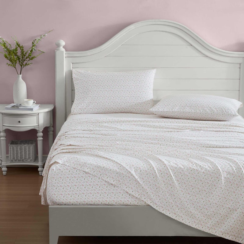 Laura Ashley - Twin Sheets  Cotton Percale Bedding Set  Lightweight & Breathable Home Decor (Evie Pink  Twin)