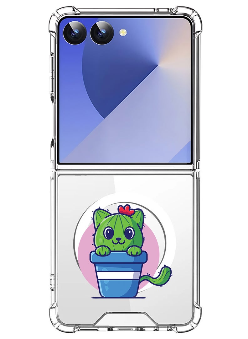 Theodor Magnetic Case for Samsung Galaxy Z Flip 7 Compatible with MagSafe Wireless Charging, Shockproof Phone Bumper Cover Cute Cat Cactus - Image 1