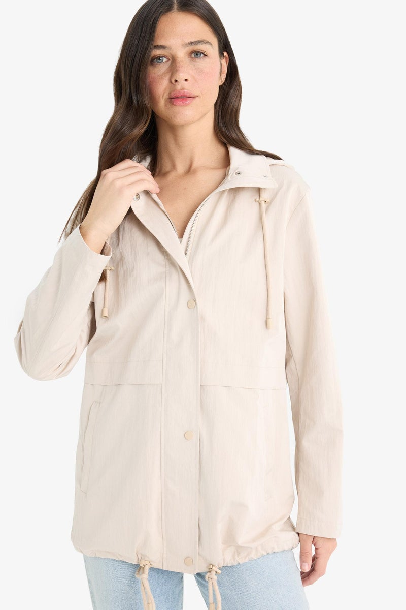 DeFacto Beige Woman Regular Fit Hooded Zip-Up Waterproof Rain Jacket Casual - Image 4