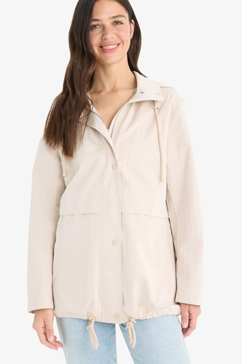 DeFacto Beige Woman Regular Fit Hooded Zip-Up Waterproof Rain Jacket Casual - Image 3