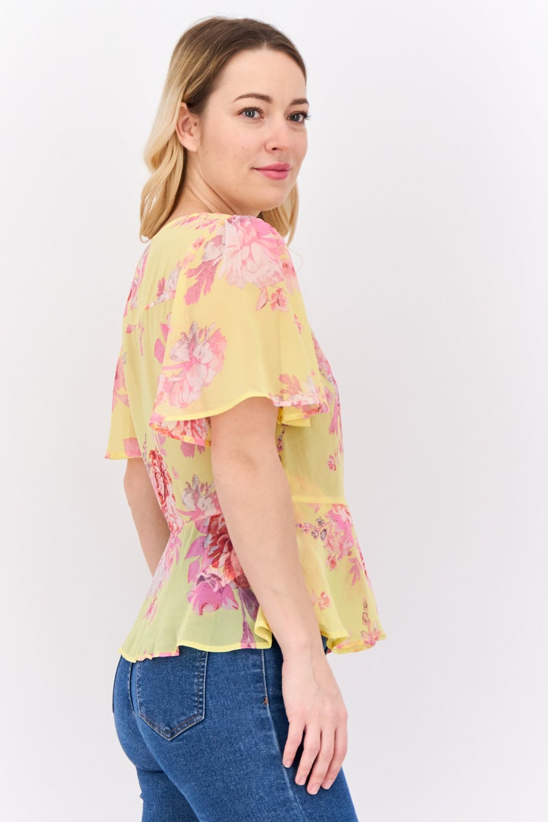 MANGO Women Surplice Neck Short Sleeves Floral Print Blouse, Yellow - Image 2