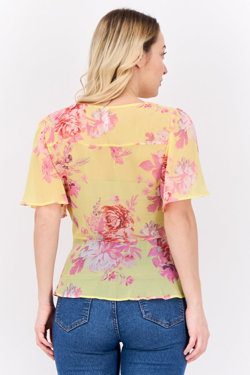 MANGO Women Surplice Neck Short Sleeves Floral Print Blouse, Yellow - Image 3