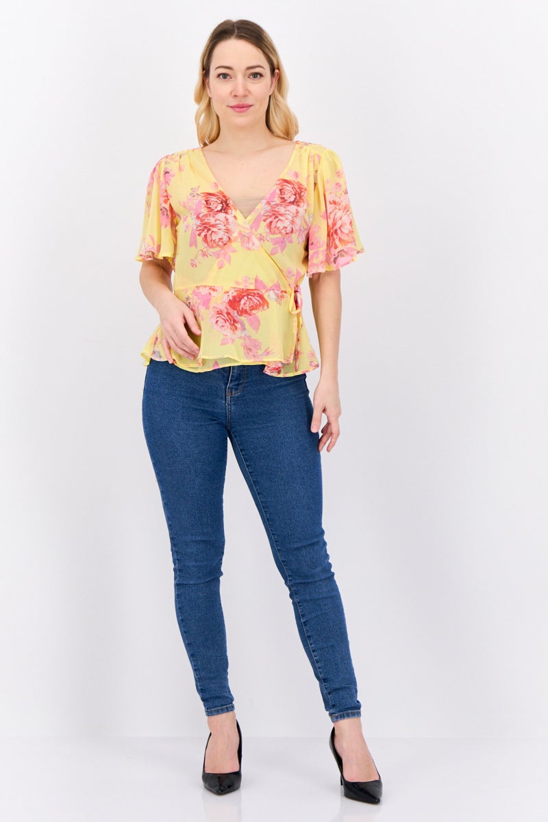 MANGO Women Surplice Neck Short Sleeves Floral Print Blouse, Yellow - Image 4
